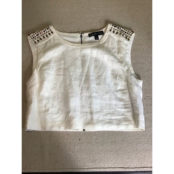 Elizabeth & James Women Bejeweled shoulder  Linen Sleeveless Cropped Top Sz Med - Picture 2 of 12